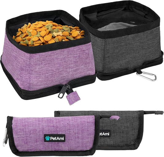 PetAmi Collapsible Dog Bowls 2 Pack, Food Water Bowls Travel Set, Purple | Portable Pet Dish No Spill, Foldable Lightweight BPA Free Leakproof, Camping Hiking Walking Hunting Outdoor Gear Accessories