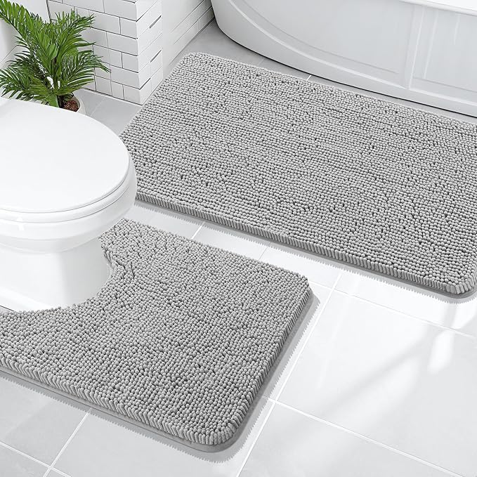 OLANLY Chenille Bathroom Rugs Mats Set 2 Piece, 47"x20"+24"x20", Light Grey | Soft Absorbent Bath Mat and U-Shaped Contour Toilet Rug Set, Quick Dry, Machine Washable Bath Carpet, Home Decor Accessories