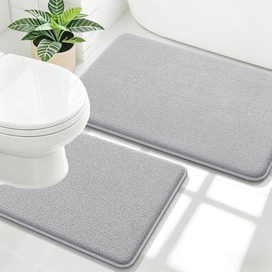 OLANLY Memory Foam Bathroom Rugs Sets 2 Piece, 24"x20"+30"x20", Light Grey | U-Shaped Toilet Rug Set, Non-Slip Quick Dry Machine Washable Absorbent Bath Mats for Bathroom, Shower, Home Decor Accessories