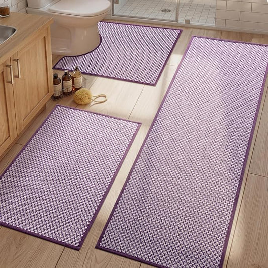 YIHOUSE Thin Bath Mat Purple Bathroom Rugs Sets 3 Pieces, Non Slip Absorbent Bath Mats Quick Dry, Woven Braided Rugs Washable,Tapetes para Baño for Bathroom,Bathtub(17.5"x24"U+17"x24"+17"x47")