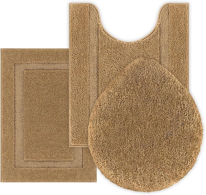 SHACOS Microfiber Bathroom Rugs Set of 3 with Toilet Lid Cover Non Slip | Washable Bath Mat Absorbent Bathroom Carpet 16"x24"+U Shape Toilet Rug 20"x24"+Toilet Lid Cover 19"x21", Mustard