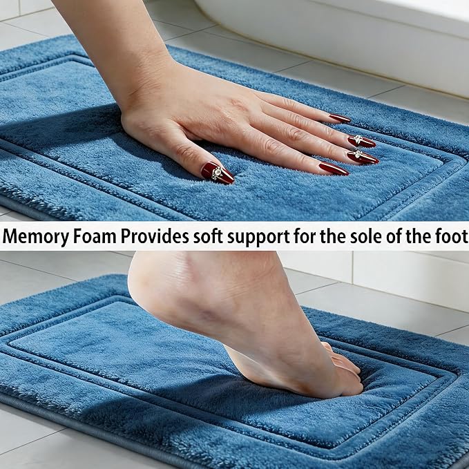 Bathroom Rugs Set 3 Piece Memory Foam, Bordered Toilet Rug, Dusty Blue | Coastal & Farmhouse Decor — Soft Dusty Blue bath mats, absorbent and washable, with a U-shaped toilet mat.