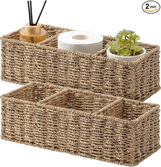 StorageWorks Wicker Toilet Basket Tank Topper, Toilet Paper Basket for Back of Toilet Tank Top, 3-Section Seagrass Storage Baskets for Shelves, 2-Pack
