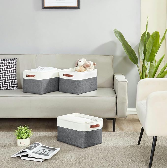 DECOMOMO Storage Bins, Extra Large Fabric Storage Baskets for Shelves, Decorative Linen Closet Organizer, 15.8 x 12.5 x 10 inches (Slate Grey & White, 3 Pack)