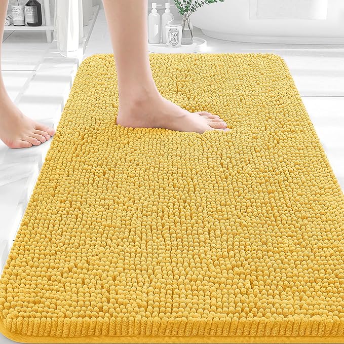 OLANLY Small Bathroom Rugs 30x18, Extra Soft Absorbent Chenille Bath Rugs | Yellow, Quick-Drying Rubber Backing, Machine Washable Bath Mat for Bathroom Floor, Tub and Shower, Home Decor Accessories