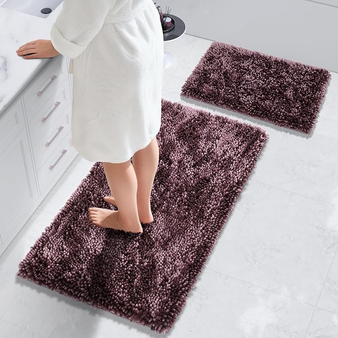 Yimobra Bathroom Rug Set 2 Piece, Luxury Shaggy Bath Mat Set with Non Slip Backing, Ultra Soft & Absorbent Mats for Bathroom Floor, Machine Washable, 44"x24"+24"x17", Dark Purple