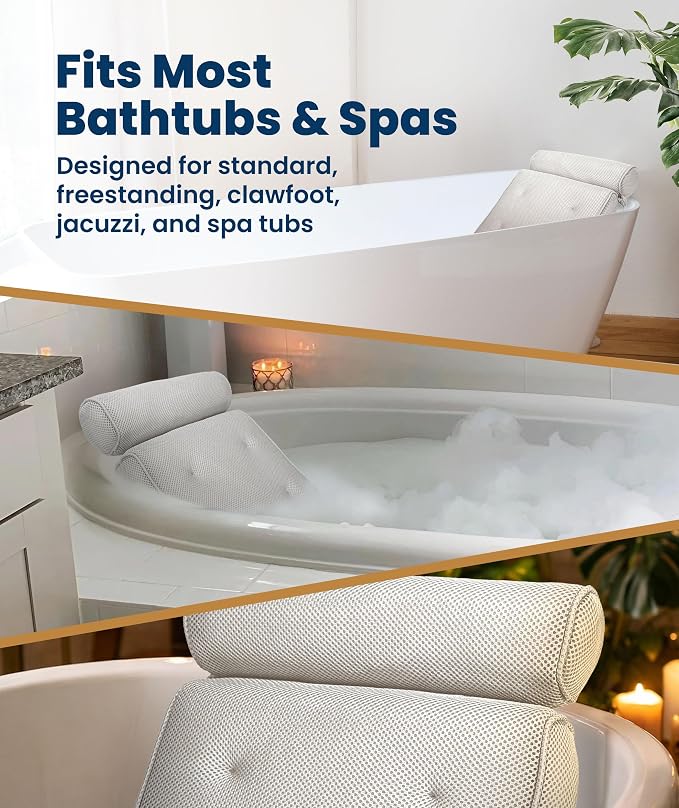 Everlasting Comfort Luxury Bath Pillow for Tub – Quick-Dry 4D Mesh – White | Head/Neck/Back Support, Non-Slip Suction Cups, Machine Washable, Drying Hook, Bath/Spa/Jacuzzi Essentials
