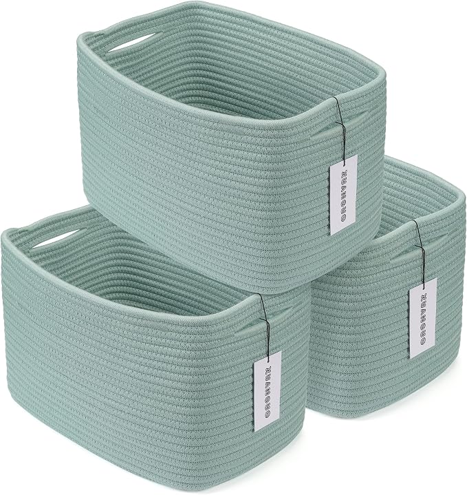 Cotton Rope storage Basket Bins Woven Basket for Organizing Shelves 15X10X9.3" Rectangle Decorative Baskets For storage Clothes Toys Books Towels Nursery basket organizer 3 pack Green