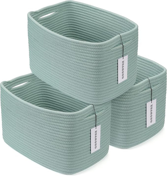 Cotton Rope storage Basket Bins Woven Basket for Organizing Shelves 15X10X9.3" Rectangle Decorative Baskets For storage Clothes Toys Books Towels Nursery basket organizer 3 pack Green