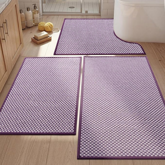 YIHOUSE Thin Bath Mat Purple Bathroom Rugs Sets 3 Pieces, Non Slip Absorbent Bath Mats Quick Dry, Woven Braided Rugs Washable, Rubber Tapetes para Baño for Bathroom Toilet,Bathtub