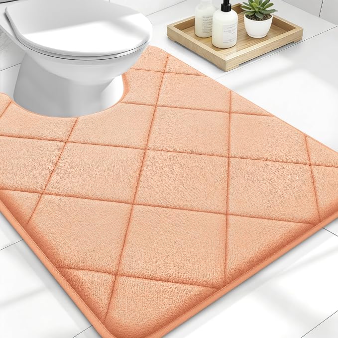 OLANLY Memory Foam Toilet Rugs U-Shaped 24x20, Ultra Soft and Absorbent | Peach, Quick Dry Commode Contour Rugs, Machine Washable, Comfortable Bathroom Contour Bath Mats for Toilet Base