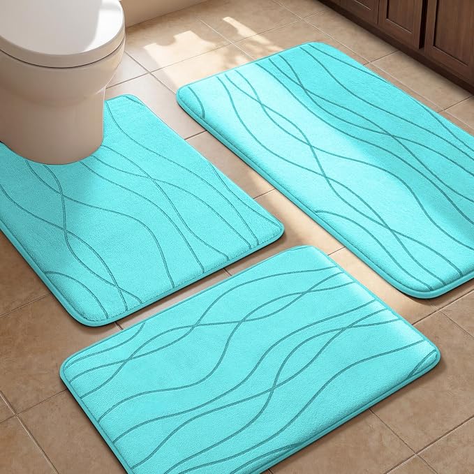 Bathroom Rugs Set 3 Piece, Memory Foam Bath Mat Teal | Ultra Soft, Absorbent, Non-Slip, Machine Washable, for Bathroom, Sink and Toilet