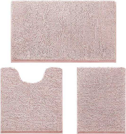 HOMEIDEAS Dusty Pink Chenille Bathroom Rugs Set of 3, Non Slip Bath Mat | Super Absorbent, Soft Microfiber, Machine Washable, Stain Resistant, for Bathroom Decor