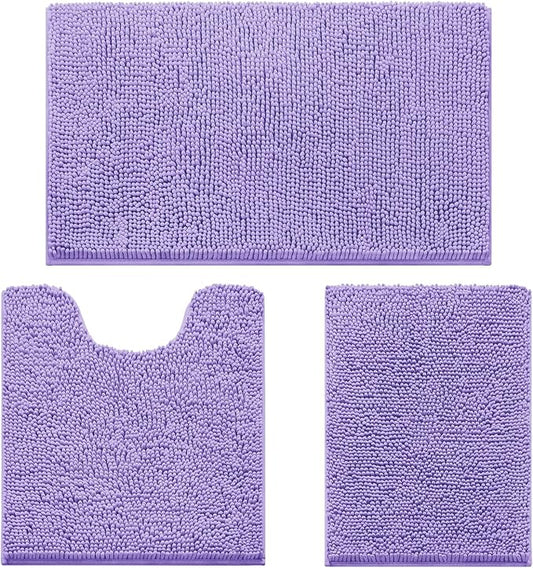 HOMEIDEAS Lavender Chenille Bathroom Rugs Set of 3, Non Slip Bath Mat | Super Absorbent, Soft Microfiber, Machine Washable, Stain Resistant, for Bathroom Decor