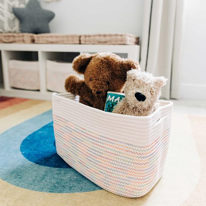 Rainbow Stitches Cotton Rope Basket for Shelf Storage - 15"×10"×9½" - Colorful Decorative Basket for Kids - Nursery, Playroom, Classroom - Toy Storage, Books, Towels