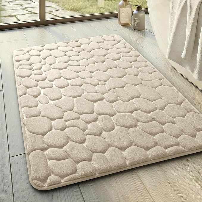 YIHOUSE Memory Foam Bath Mat Cobblestone Bathroom Rugs Super Water Absorbent Bath Mats for Bathroom Machine Washable Bath Rugs(17x24,Khaki)