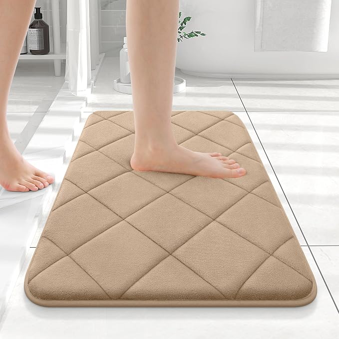 OLANLY Memory Foam Bath Mat 24x16, Ultra Soft and Absorbent Bathroom Rugs | Tan, Quick Dry, Machine Washable Shower Bath Rugs, Comfortable Bath Carpet for Bathroom Floor, Tub and Shower