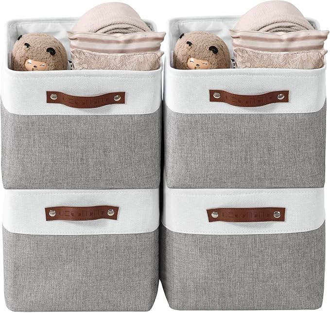 DECOMOMO Storage Bins, Large Fabric Storage Baskets for Shelves, Decorative Linen Closet Organizer, 15 x 11 x 9.5 inches (Grey & White, 4 Pack)