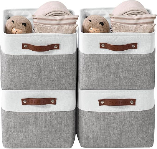 DECOMOMO Storage Bins, Large Fabric Storage Baskets for Shelves, Decorative Linen Closet Organizer, 15 x 11 x 9.5 inches (Grey & White, 4 Pack)