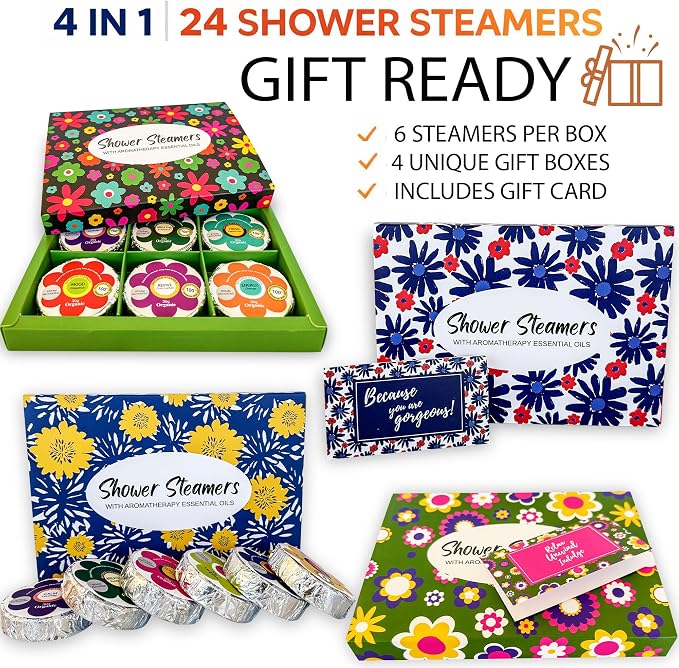 Shower Steamers for Women Gift Set 24pc Shower Bombs Aromatherapy Gift Set | Shower Melts w/Organic Essential Oils, Bath Bombs for Shower, Birthday Gifts, Individually Wrapped & 4 Boxes of Pack of 6