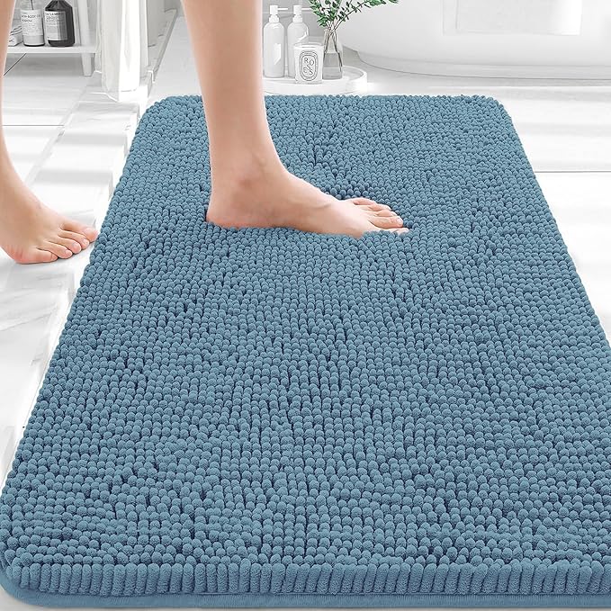 OLANLY Bathroom Rugs 32x20, Extra Soft Absorbent Chenille Bath Rugs | Airy Blue, Quick-Drying Rubber Backing, Machine Washable Bath Mat for Bathroom Floor, Tub and Shower, Home Decor Accessories