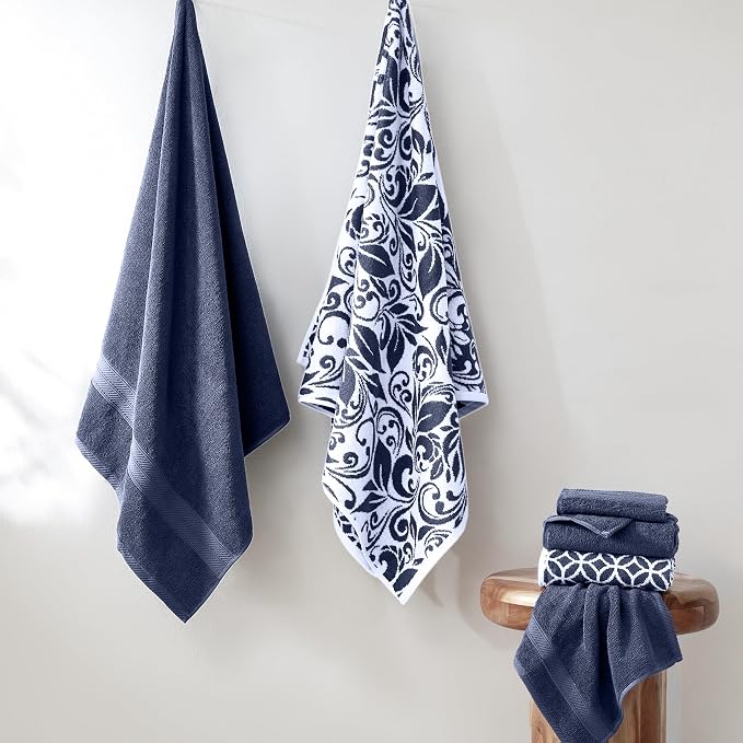 Modern Threads 6 Piece Bath Towel Set – Bathroom Set with 2 Bath Towels, 2 Hand Towels, and 2 Wash Cloths – 100% Cotton, Super Absorbent & Extra Soft – Reversible Botanical Vine (Navy)