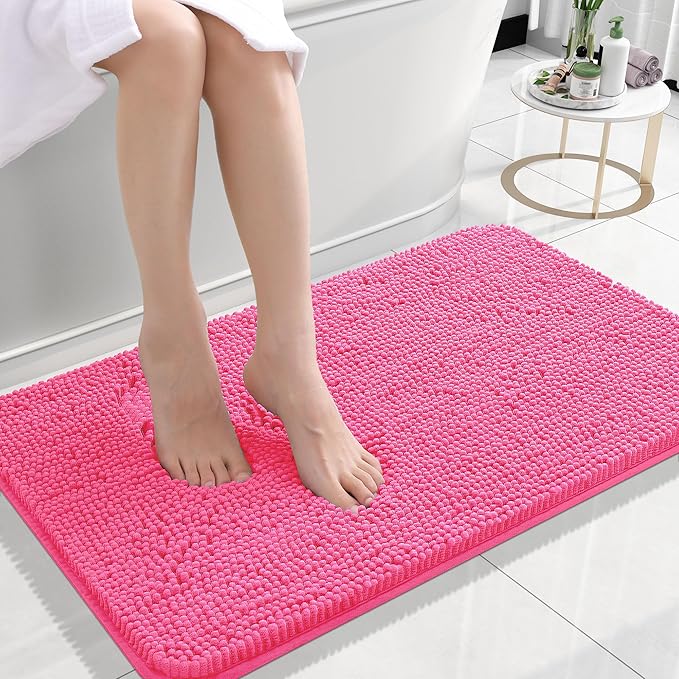 OLANLY Small Bathroom Rugs 24x16, Extra Soft Absorbent Chenille Bath Rugs | Hot Pink, Quick-Drying Rubber Backing, Machine Washable Bath Mat for Bathroom Floor, Tub and Shower, Home Decor Accessories