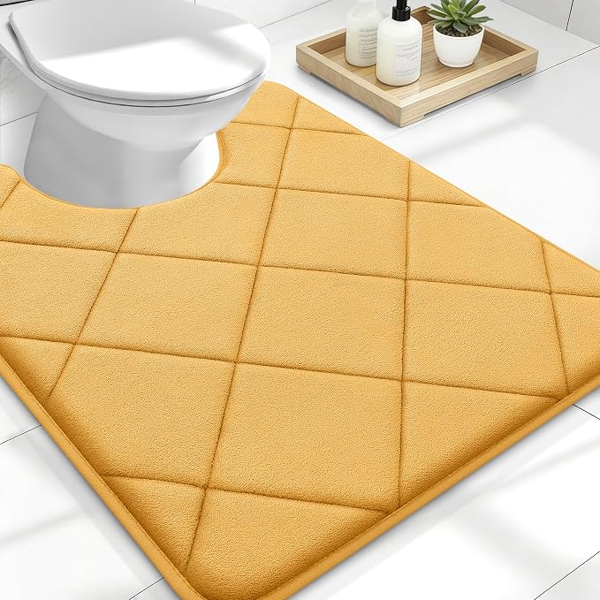 OLANLY Memory Foam Toilet Rugs U-Shaped 24x20, Ultra Soft and Absorbent | Yellow, Quick Dry Commode Contour Rugs, Machine Washable, Comfortable Bathroom Contour Bath Mats for Toilet Base