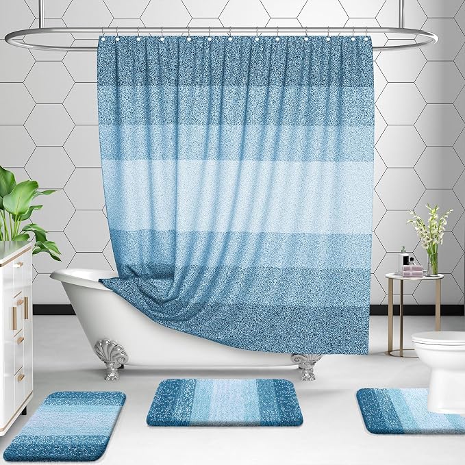 OLANLY Microfiber Bathroom Rugs Sets 3 Piece, 47"x20"+24"x16"+24"x20" | Peacock Blue, Soft Absorbent Bath Mats and U-Shaped Contour Toilet Rug, Plush Shaggy Bath Mat Set for Bathroom