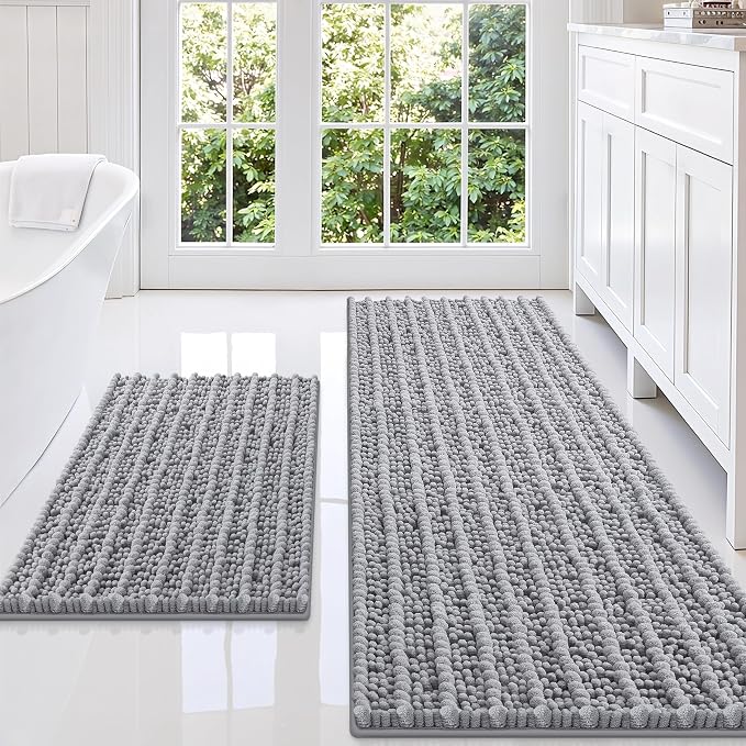 Smiry Bathroom Rugs Sets 2 Piece (49x20+30x20), Extra Soft Bath Mats | Grey Soft Absorbent, Rubber Backing Machine Washable Quick Dry Chenille Bath Rug Set for Tub, Shower, and Floor