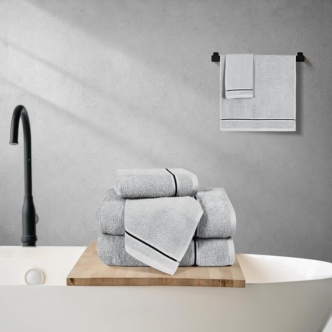 MyOwn Ultra Soft 6 Pack Cotton Towel Set, Contains 2 Bath Towels 28x55 inch, 2 Hand Towels 16x24 inch & 2 Wash Coths 12x12 inch, Ideal Everyday use, Compact & Lightweight - Light Grey