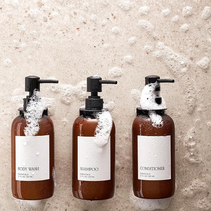 Stylish Shampoo & Conditioner Dispenser Set of 3 - Wall Mount, Drill Free | Modern 21oz Shower Soap Bottles with Labels - Easy Refill Body Wash Dispensers for an Instant Bathroom Decor Upgrade