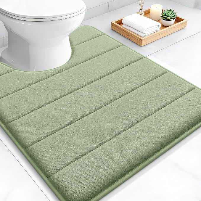 OLANLY Memory Foam Toilet Rugs U Shaped 24x20, Super Soft and Absorbent | Sage Green, Quick Dry Commode Contour Bath Rugs, Machine Washable Toilet Mat, Comfortable Bathmat Carpet for Bathroom Floor
