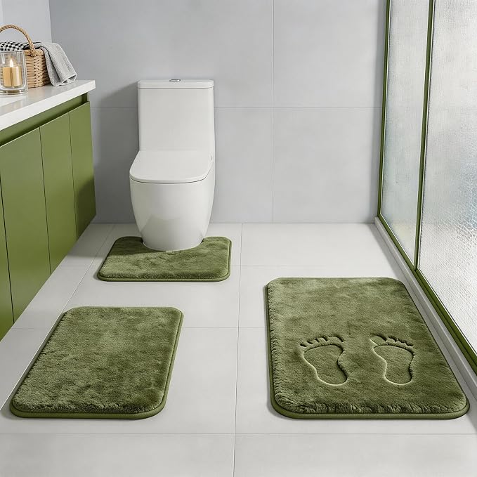 Green Bathroom Set Extra Soft Memory Foam Bath Mat Sets 3 Piece Non Slip Absorbent & Dry Living Mat Sets Washable Bath Carpets with Toilet Rug,Bath Rugs for Bathroom,Tub,Shower,Kitchen,Bedroom