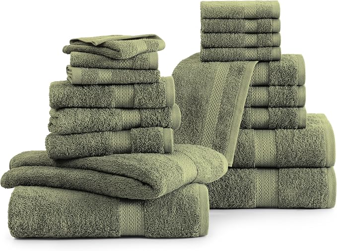 LANE LINEN Large Bath Towel Set Absorbent Quick Dry 100% Cotton - Oil Green | Cotton Towels - Fade-Resistant Color, Classic Terry Weave, Densely Woven & Durable, Easy-Care, Coordinated Colors
