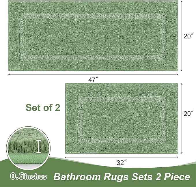 SHACOS Soft Microfiber Bathroom Rugs Set of 2 Pieces, Sage Green | 47x20 + 32x20, Absorbent Plush Bath Rugs, Non Slip Washable Shaggy Bath Mats, Fluffy Bathroom Runner Floor Mats Shower Rug