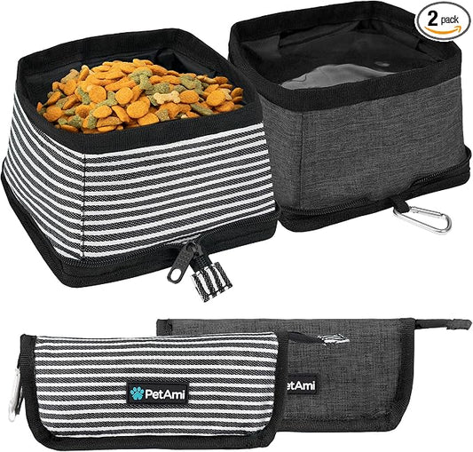 PetAmi Collapsible Dog Bowls 2 Pack, Food Water Travel Set, Stripe Black | Portable Pet Dish No Spill, Foldable Lightweight BPA Free Leakproof, Camping Hiking Walking Hunting Outdoor Gear Accessories