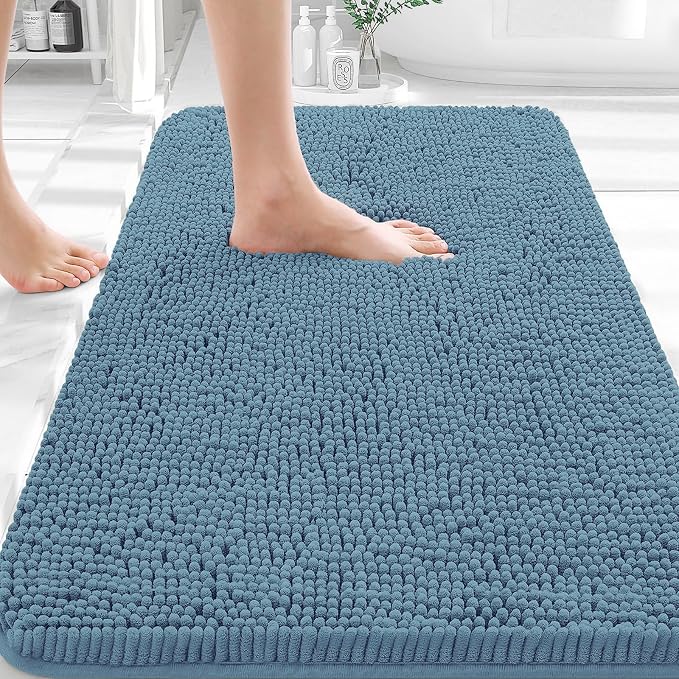 OLANLY Small Bathroom Rugs 30x18, Extra Soft Absorbent Chenille Bath Rugs | Airy Blue, Quick-Drying Rubber Backing, Machine Washable Bath Mat for Bathroom Floor, Tub and Shower, Home Decor Accessories