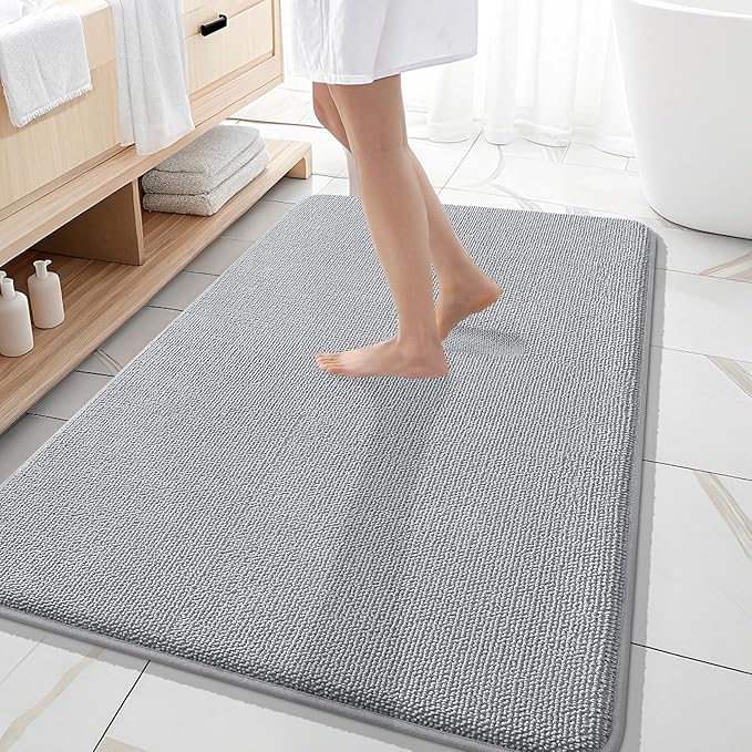 OLANLY Memory Foam Large Bathroom Rug 59x35, Absorbent Bath Mat, Light Grey | Soft Quick Dry Bath Rugs, Non-Slip Carpet, Machine Washable Mat for Bathroom Floor, Tub and Shower, Home Decor Accessories
