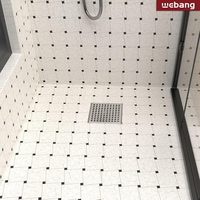 WEBANG 6 Inch Square Shower Drain Nickel Floor Drain with Flange Square Holes Pattern Cover Grate Removable SUS304 Stainless Steel Watermark&CUPC Certified Brushed Nickel