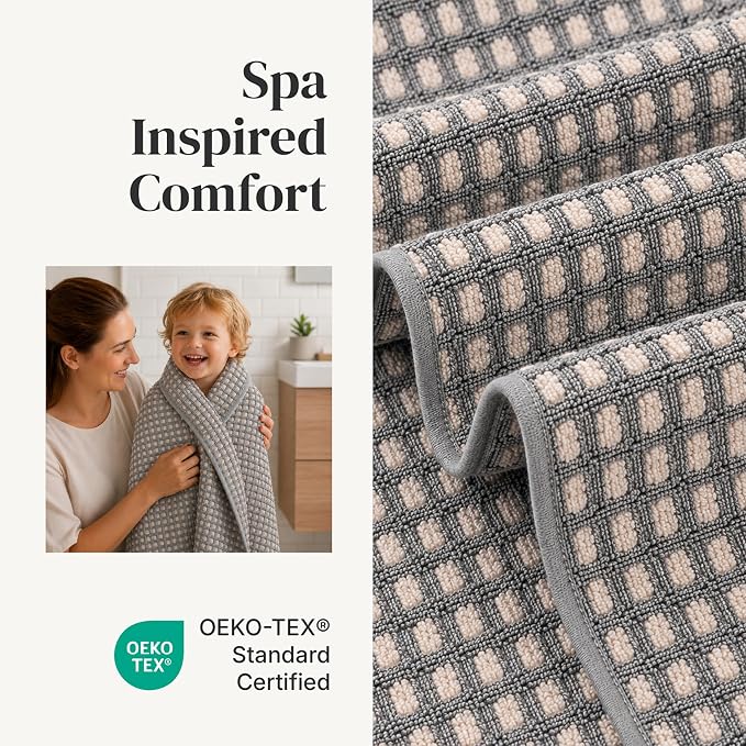 Modern Threads 6 Piece Cotton Bath Towel Set – Ultra Soft 600 GSM Towels – Bathroom Set with Hand Towels and Washcloths – Waffle (Charcoal)