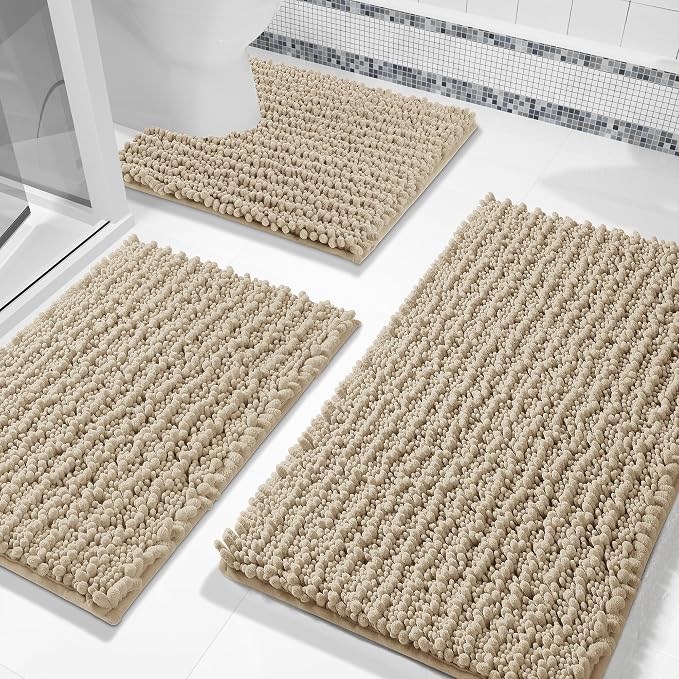 Yimobra Bathroom Rug Set 3 Piece, Super Water Absorbent Bath Mat Set, Camel | Quick Dry Soft Chenille Bath Rugs & Toilet Rug, Non Slip Machine Washable, Extra Thick Shaggy Floor Mat for Shower Tub Sink