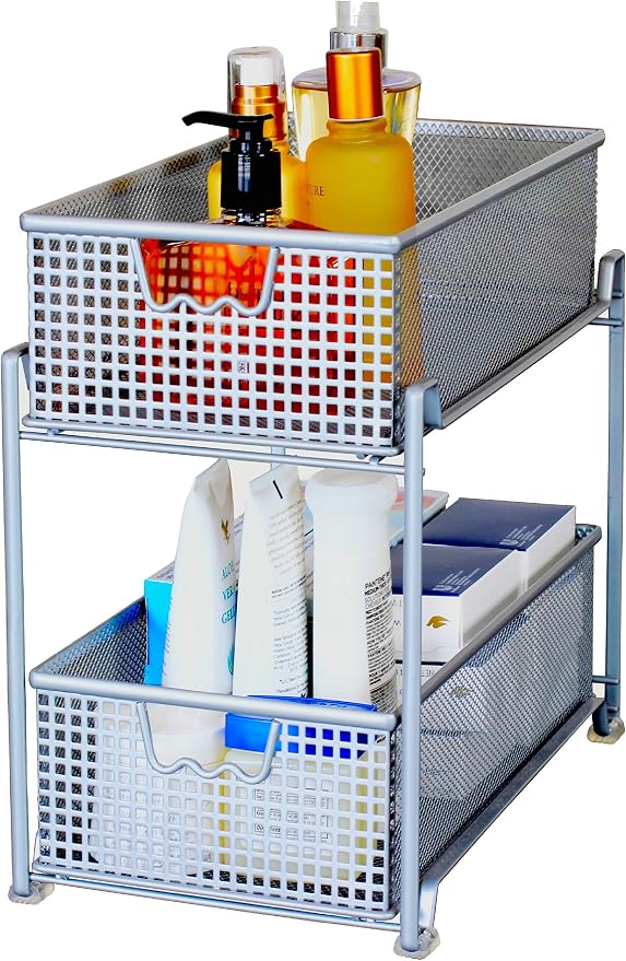 DecoBrothers 2 Tier Bathroom Storage Organizer with Pull-Out Drawer, Silver