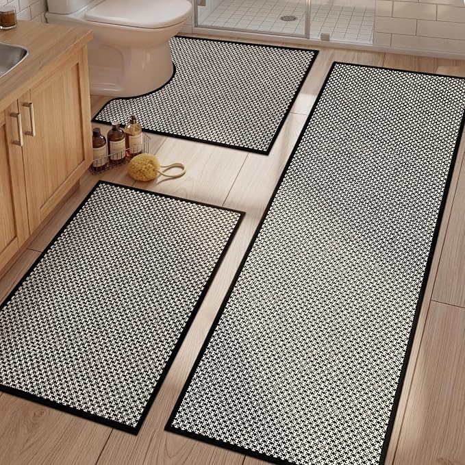 YIHOUSE Thin Bath Mat Black Bathroom Rugs Sets 3 Pieces, Non Slip Absorbent Bath Mats Quick Dry, Woven Braided Rugs Washable,Tapetes para Baño for Bathroom,Bathtub(17.5"x24"U+17"x24"+17"x47")