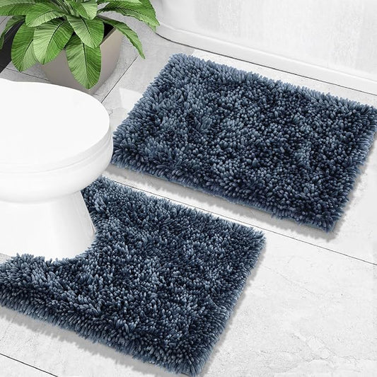 Yimobra Bathroom Rugs Sets 2 Piece, Soft Absorbent Bath Mat and U-Shaped Toilet Rug with Non Slip Backing, Luxury Shaggy Bath Mats for Bathroom, Machine Washable, 24"x17"+24"x20", Light Blue