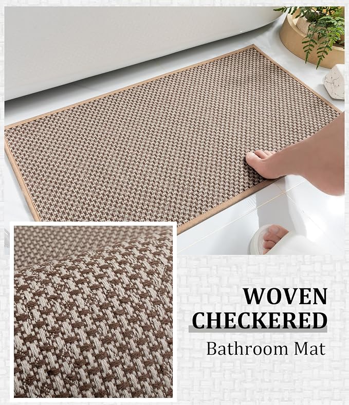 YIHOUSE Thin Bath Mat Khaki Bathroom Rugs Sets 2 Pieces, Non Slip Absorbent Mats Quick Dry, Woven Rugs Washable, Tapetes para Baño for Bathroom Toliet,Bathtub(17"x24"+17"x32")