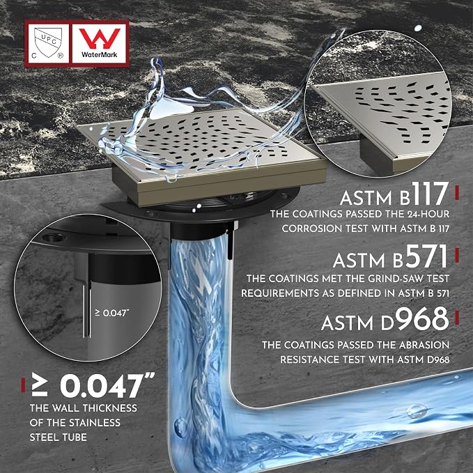 WEBANG 6 Inch Square Shower Drain Nickel Floor Drain with Flange Wave-Hole Pattern Cover Grate Removable SUS304 Stainless Steel Watermark&CUPC Certified Brushed Nickel