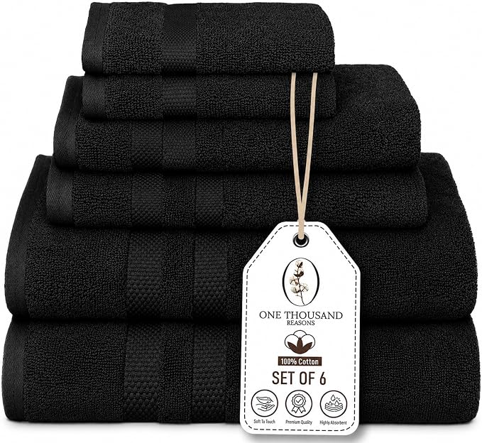 Premium Staple Cotton Bathroom Towel Set - Black 600 GSM 6-Piece Luxury Bath Towel Set 3 Stripe - 2 Bath Towels, 2 Hand Towels & 2 Washclothes Set - High Absorbent & Quick Dry for Gym, Spa, Hotel