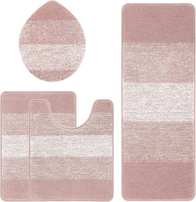 Bsmathom Bathroom Rug Set 4 Piece, Plush Microfiber Bath Mat, Pink | Extra Water Absorbent, Non Slip Washable Runner Bath Rugs with Toilet Lid Cover and U-shaped Contour Toilet Mat