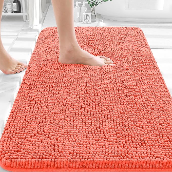 OLANLY Bathroom Rugs 35x24, Extra Soft Absorbent Chenille Bath Rugs | Coral, Quick-Drying Rubber Backing, Machine Washable Bath Mat for Bathroom Floor, Tub and Shower, Home Decor Accessories